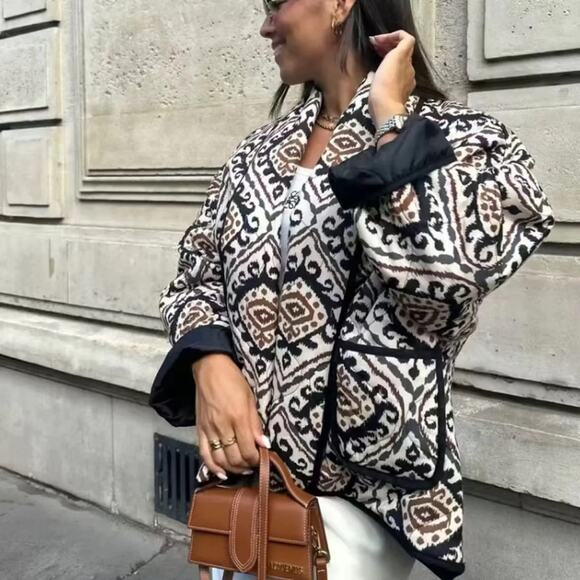 NWT EARLY FALL PUFFER JACKET by COMMENSE Stylish Black Brown Patterned S - Picture 2 of 10